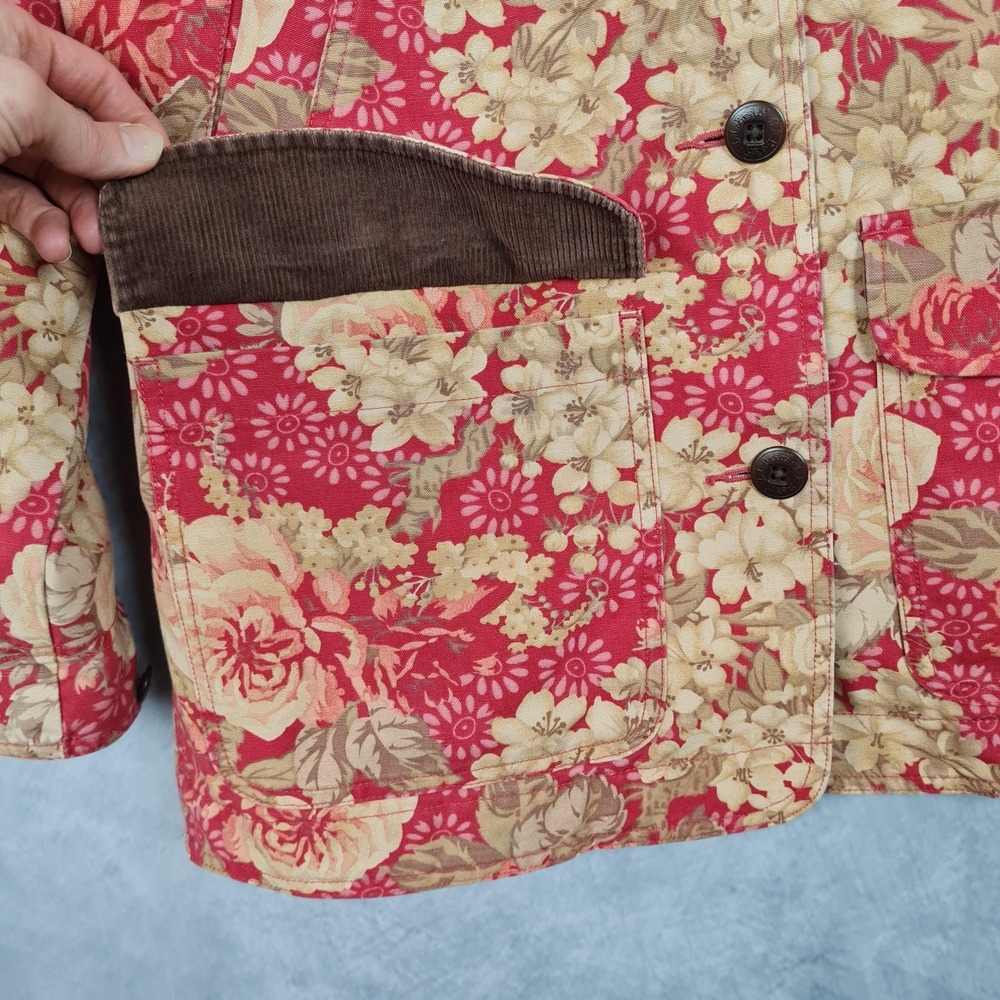 LL Bean Jacket Womens Medium Red Floral Canvas Corduroy Collar Lined Barn Coat - Picture 6 of 16